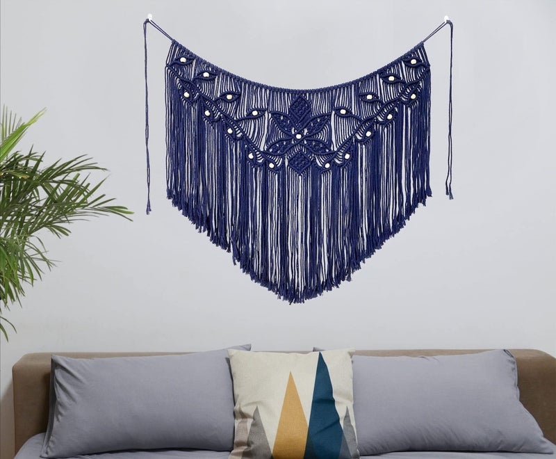 Youngeast Home Decor Leaf Shape Macrame Wall Hanging Woven Tapestry Bedroom Curtain Fringe Garland Banner Living Room Wall Decor Navy 39X31 inches - Image 3